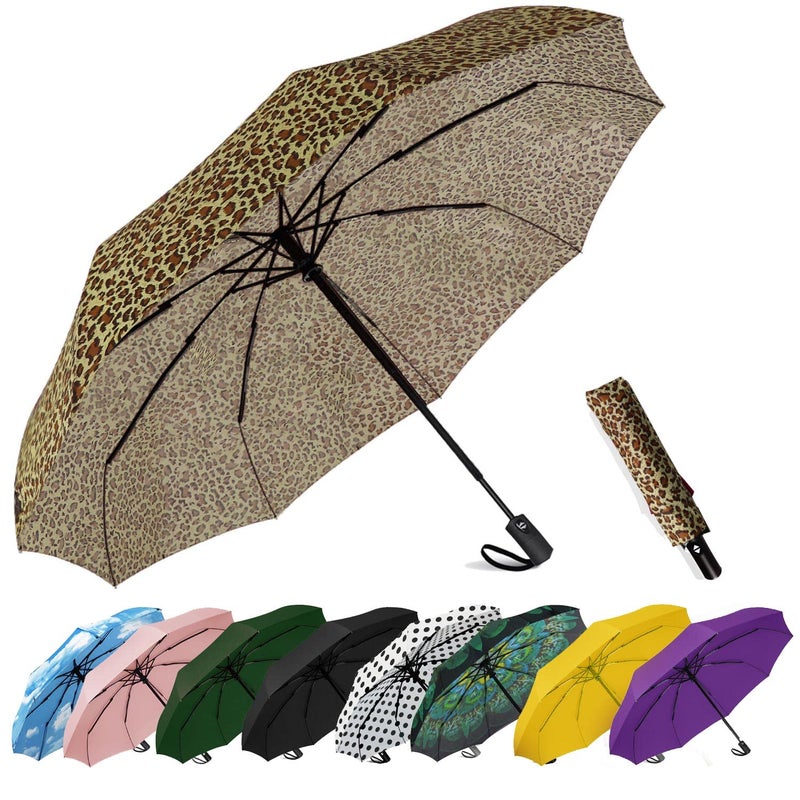 SIEPASA Windproof Travel Compact Umbrella-Automatic Umbrellas for Rain-Compact Folding Umbrella, Travel Umbrella Small Portable Windproof Umbrellas for Men Women Teenage. (New Leopard Print) - Image 1