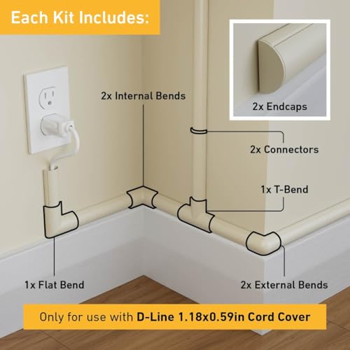 D-Line Medium Cable Raceway Accessory Pack, Join 1.18in x 0.59in Cord Cover Lengths, 10 Accessories Included, Hide Cords Around a Variety of Angles - Beige - Image 2