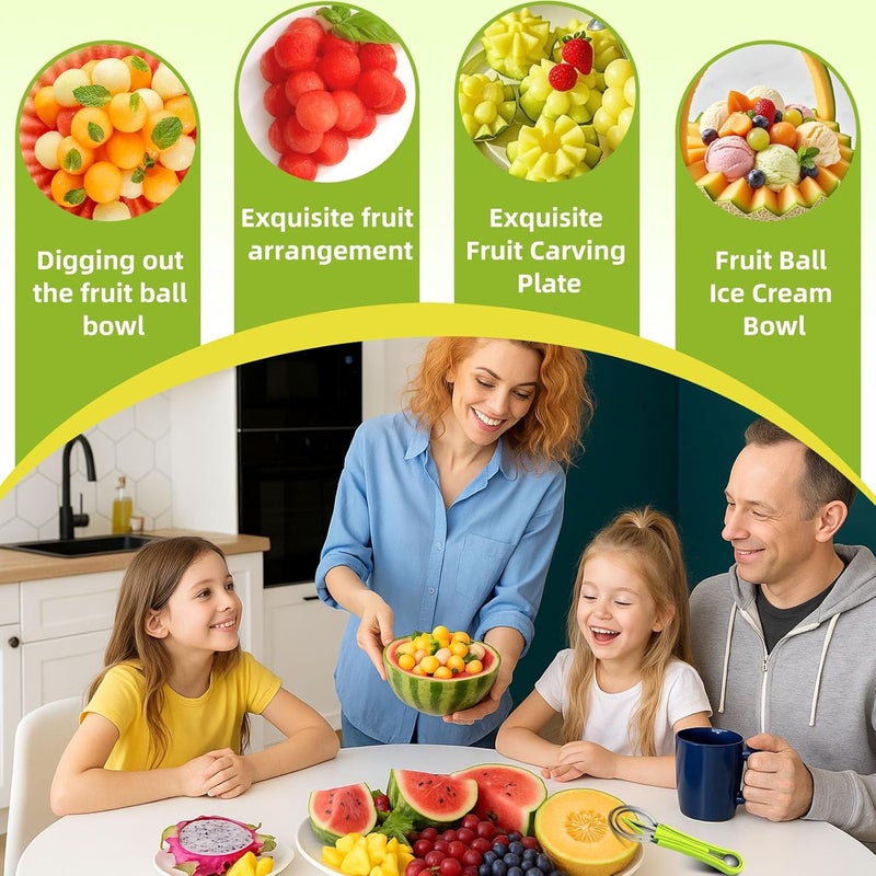 Suuker Melon Baller Scoop Set,4 In 1 fruit cutters shapes, watermelon scooper fruit scooper and baller, fruit carving tools（Green） - Image 2