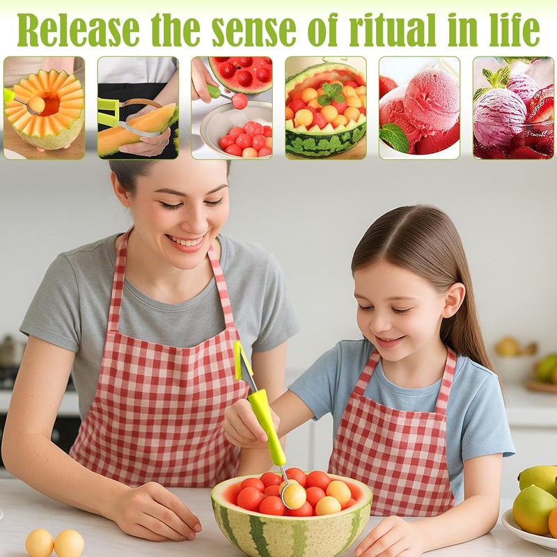 Suuker Melon Baller Scoop Set,4 In 1 fruit cutters shapes, watermelon scooper fruit scooper and baller, fruit carving tools（Green） - Image 5