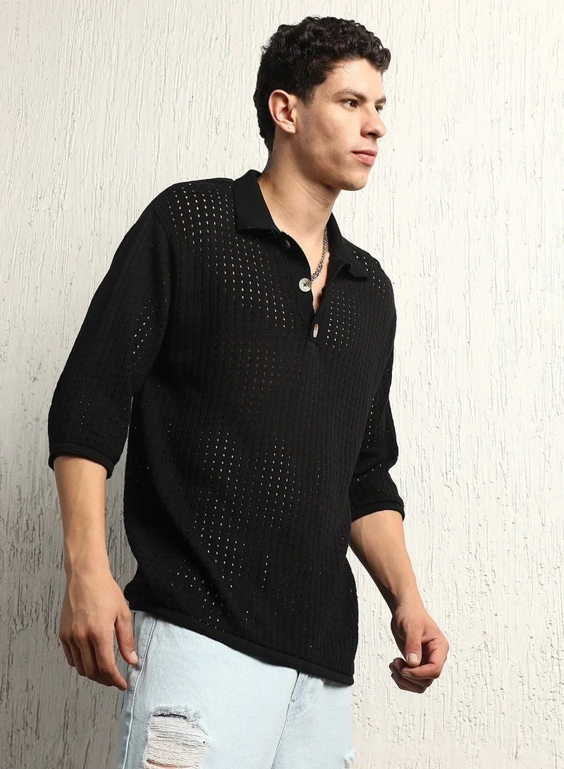Hubberholme Oversized Black Crochet Semi-Sheer Polo T-Shirt for Men