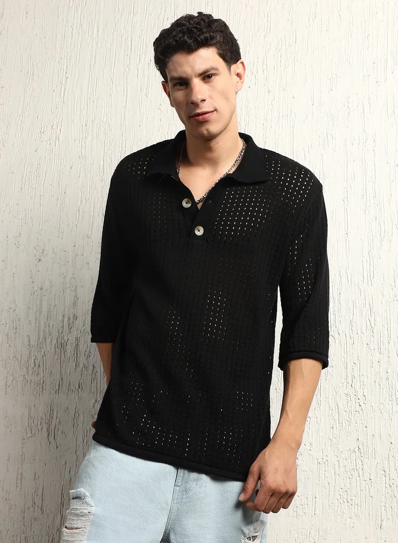 Hubberholme Oversized Black Crochet Semi-Sheer Polo T-Shirt for Men