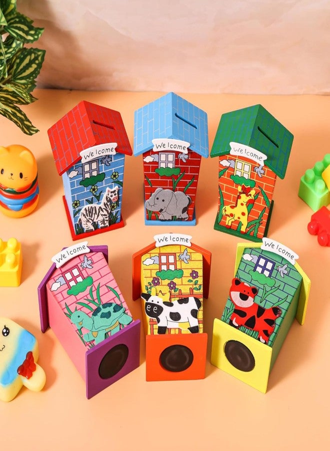 FUBIX Wooden Piggy Bank for Kids | House Shape Animal Design Money Coin Bank for Girls & Boys| Perfect Return Gift for Kids Birthday Party Multicolour (Set of 24) - Image 1