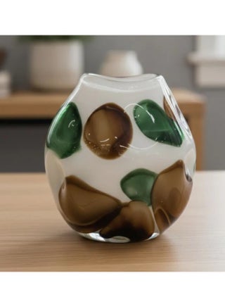 AKDC White Glass Vase with Green & Brown Artistic Accents – Designer Decorative Piece – 21×20 cm