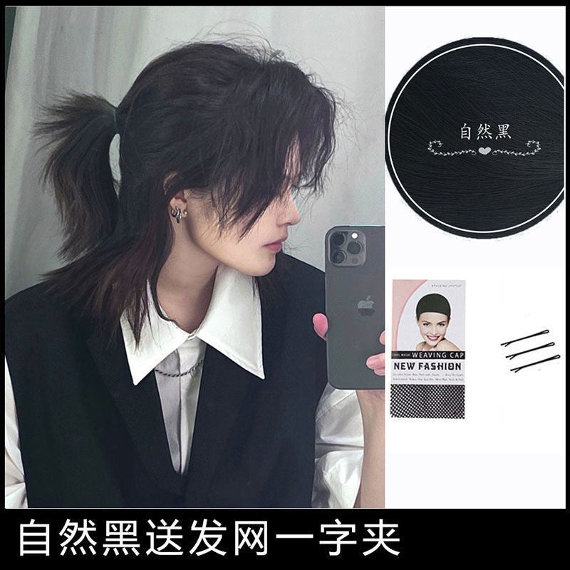Loquat Stylish Samurai Mens Wig Puffy Natural Fashion ShortNatural Black 【Tie】-Hair Net Natural Black 【Tie】-Hair Net