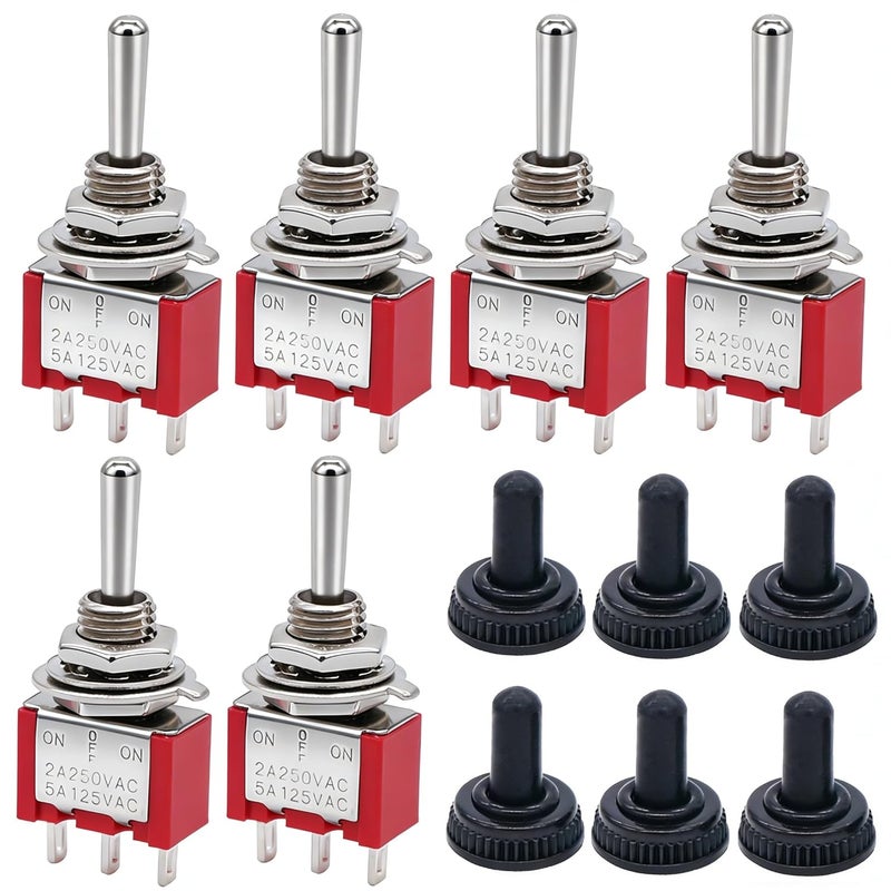 Twidec /6 قطع مفتاح تبديل لحظي مصغر SPDT 3 أوضاع 3 دبابيس (0N)-Off-(ON) مفتاح تبديل مصغر AC 5A/125V 2A/250V لمفاتيح السيارات والقوارب مع غطاء مقاوم للماء MTS-123-MZ - Image 1