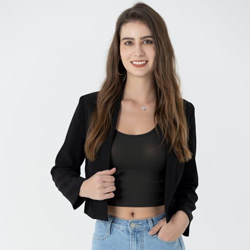 Beninos بليزر نسائي قصير بأكمام طويلة مفتوح من بنينوس (806 أسود، XL) - Image 4
