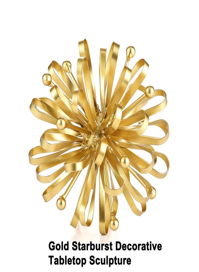 Retrome 6.7" Decorative Metal Starburst Tabletop Shelf Sculpture Accent, Gold Modern Table Decor, Looped Ribbon & Beads Edges Detailed - Image 2