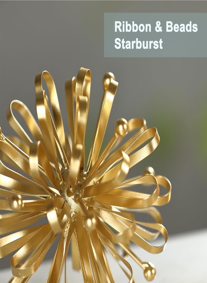 Retrome 6.7" Decorative Metal Starburst Tabletop Shelf Sculpture Accent, Gold Modern Table Decor, Looped Ribbon & Beads Edges Detailed - Image 3