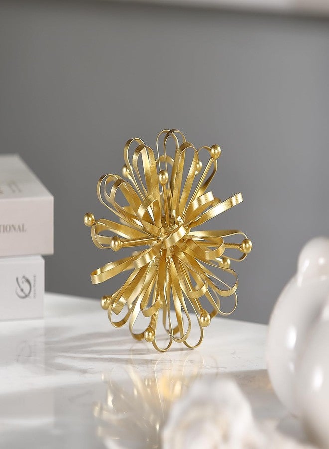 Retrome 6.7" Decorative Metal Starburst Tabletop Shelf Sculpture Accent, Gold Modern Table Decor, Looped Ribbon & Beads Edges Detailed - Image 1