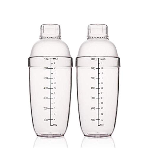 FEOOWV 2 Pcs Plastic Cocktail ShakerDrink Mixer Hand Shaker Cup with ScalesBar Tool Transparent 24 oz  700cc