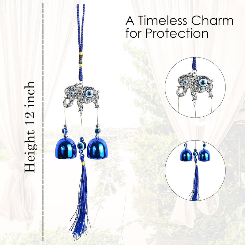 ZAICUS Elephant Blue Wall Hanging with 2 Bells and Evil Eye - Good Luck Charm for Home, Office, and Car Decor - Brings Prosperity, Success, Health, and Wealth - Image 2