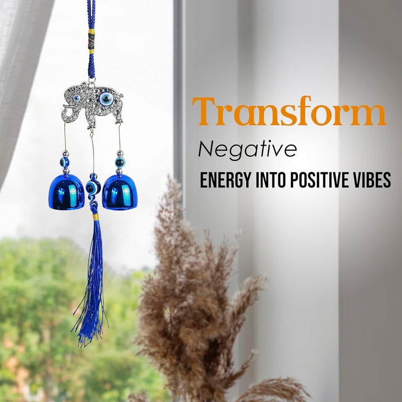 ZAICUS Elephant Blue Wall Hanging with 2 Bells and Evil Eye - Good Luck Charm for Home, Office, and Car Decor - Brings Prosperity, Success, Health, and Wealth - Image 3