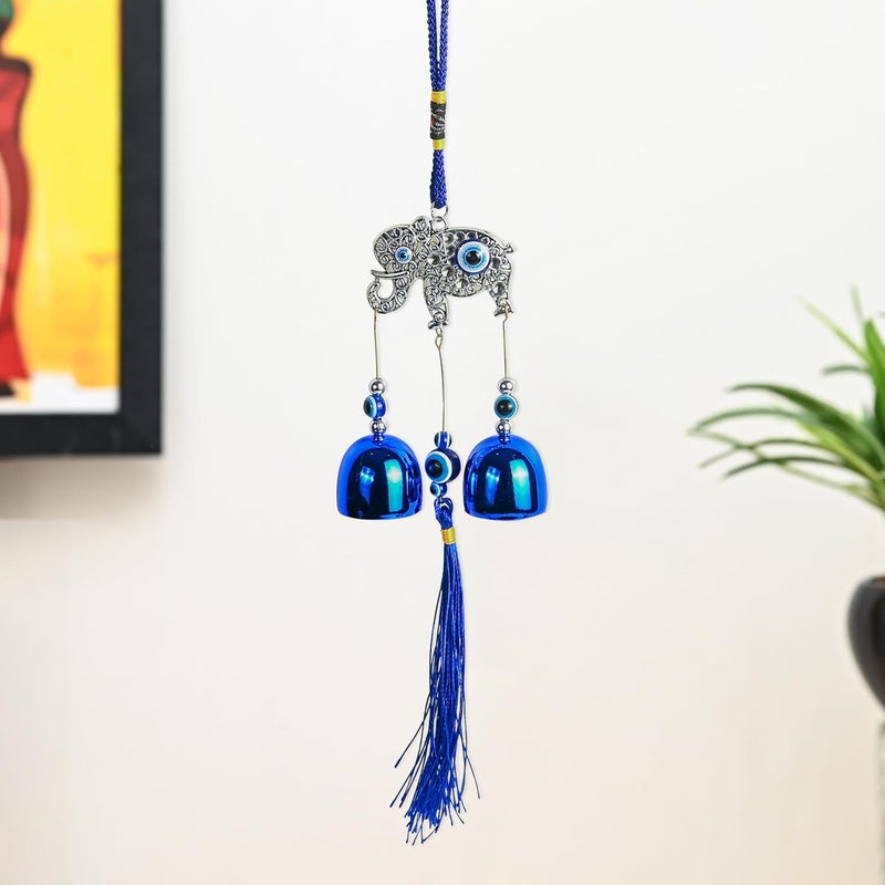 ZAICUS Elephant Blue Wall Hanging with 2 Bells and Evil Eye - Good Luck Charm for Home, Office, and Car Decor - Brings Prosperity, Success, Health, and Wealth - Image 1