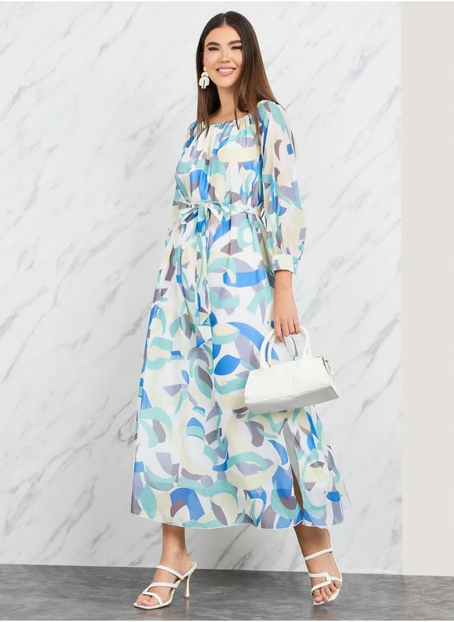 تايك تو Geo Print 3/4 Sleeve A-Line Midi Dress