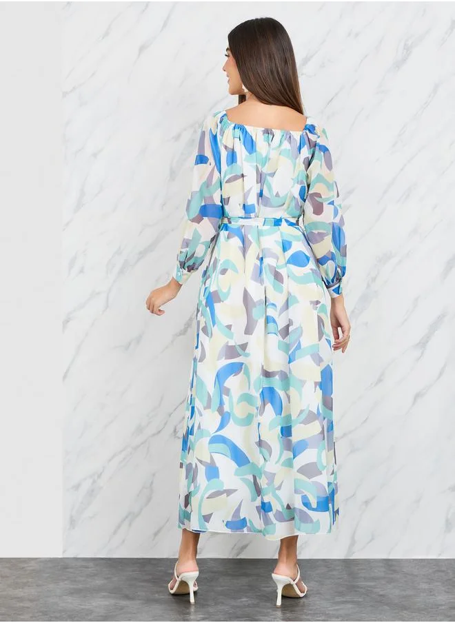 تايك تو Geo Print 3/4 Sleeve A-Line Midi Dress