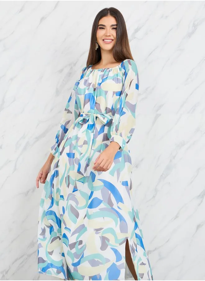 تايك تو Geo Print 3/4 Sleeve A-Line Midi Dress