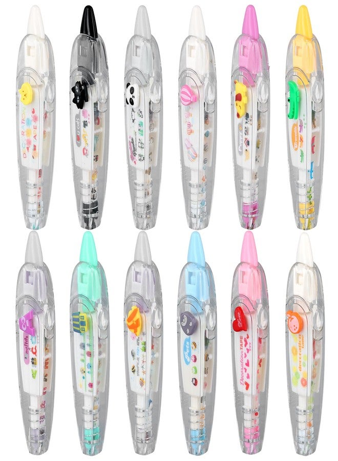 PEUTIER 12pcs Animal Press Type Decorative Pen, 12 Styles Cartoon White Out Pocket Tape, Cute Lace Correction Tape Roller for DIY Craft Diary Scrapbooking Class Rewards - Image 1
