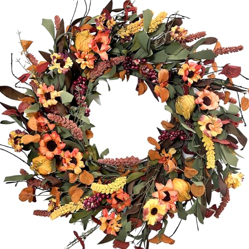 20Inch Fall Daisy Flower Wreath with Berries for Front Door Harvest Artificial Flower Wreath with Soft Touch Leaves for Indoor and Outdoor Home Decor Autumn Flower Wreath for Home Decor