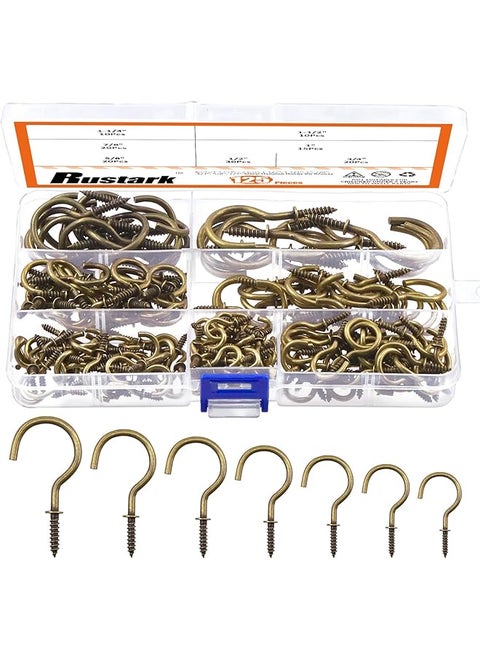 Rustark 125Pcs Bronze Screw-in Cup Hooks Kit, 7 Sizes Ceiling Small Hooks for Hanging Outdoor or Indoor Use (1/2” 5/8” 3/4” 7/8” 1" 1-1/4” 1-1/2”)(Bronze)