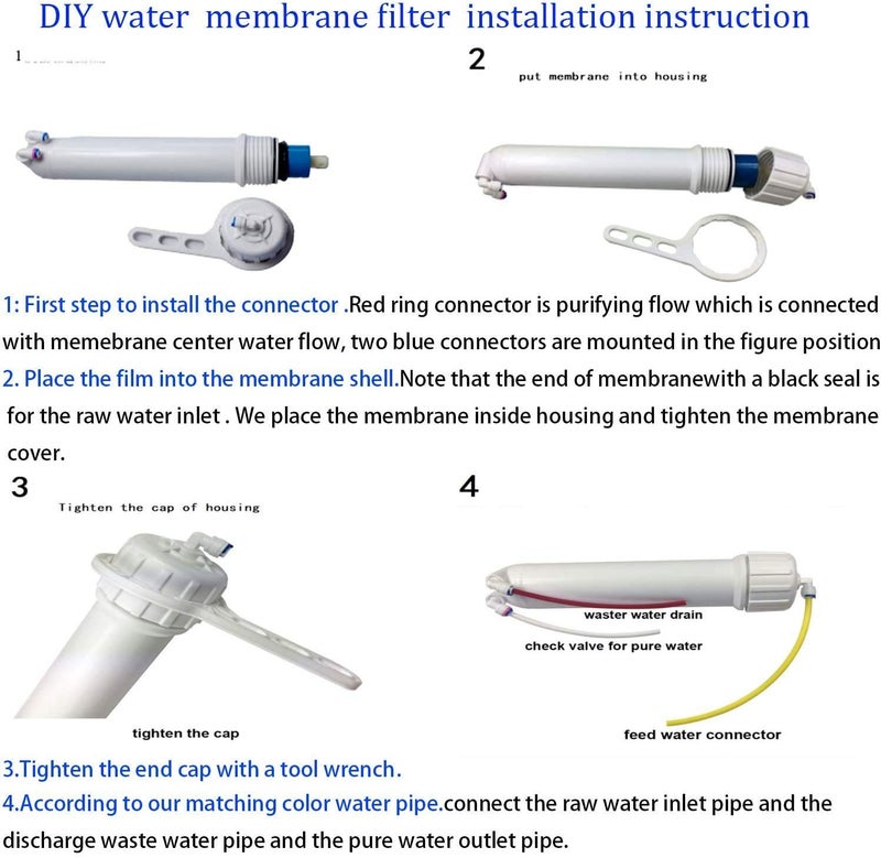 Huining Reverse Osmosis Membrane 100GPD-1812/2012 RO Membrane Housing Kit with 1/4 Quick Connector,Check Valve,Water Pipe,Wrench Whole Set for Residential Household Hospital Water Filtration System - Image 4