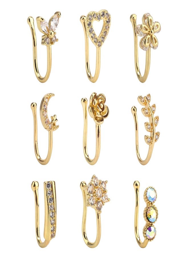 CrazyPiercing Faux Nose Jewelry Gold Cuffs With 9 Clip Nose Rings - Non Pierced, Septum - Image 1
