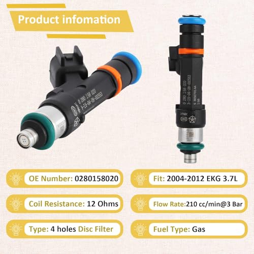 Pjvmvo 53032701AA OE 3.7L Fuel Injectors,Compatible with/Jeep Liberty Grand Cherokee,Compatible with/Dodge 3.7 Nitro Durango,Compatible with/Ram 1500 2005 2006 2007 2008 2009 2010 2011 |4 Holes| |Set of 6| - Image 3