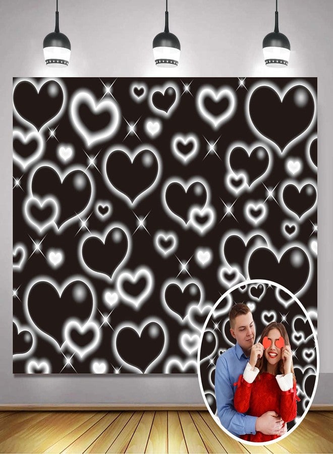 CINRAY Black Heart Party Photo Backdrop 7x5FT Early 2000s Backdrops for Photoshoot Love Heart 90s Birthday Background Old School Valentines Selfile Wall Decorations - Image 1