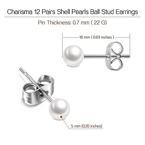 Charisma 5mm Composite Pearl Stud Earrings Round Ball Pearls Hypoallergenic 12 Pairs Imitation Pearl Earrings Set for Women - Image 4