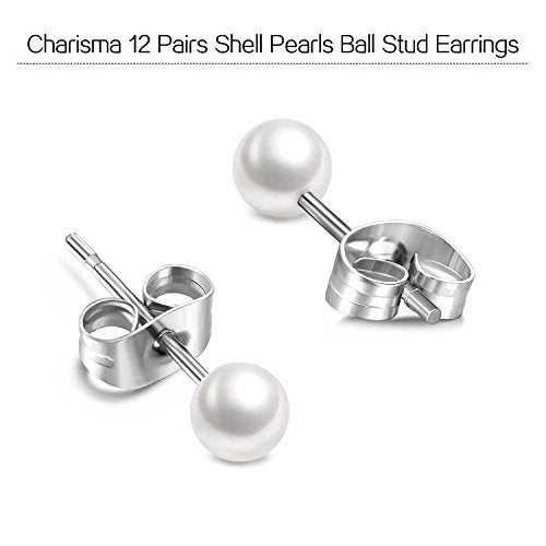 Charisma 5mm Composite Pearl Stud Earrings Round Ball Pearls Hypoallergenic 12 Pairs Imitation Pearl Earrings Set for Women - Image 2
