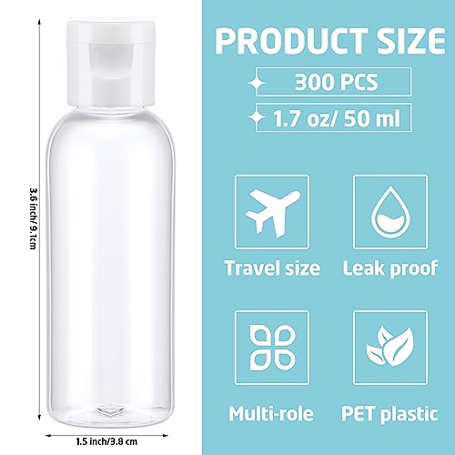 Maxdot 300 Pcs 1.7 Oz/ 50 ml Empty Hand Sanitizer Bottles Plastic Refillable Bottles with Flip Cap Mini Portable Reusable Travel Containers for Shampoo Cosmetic Body Soap - Image 2