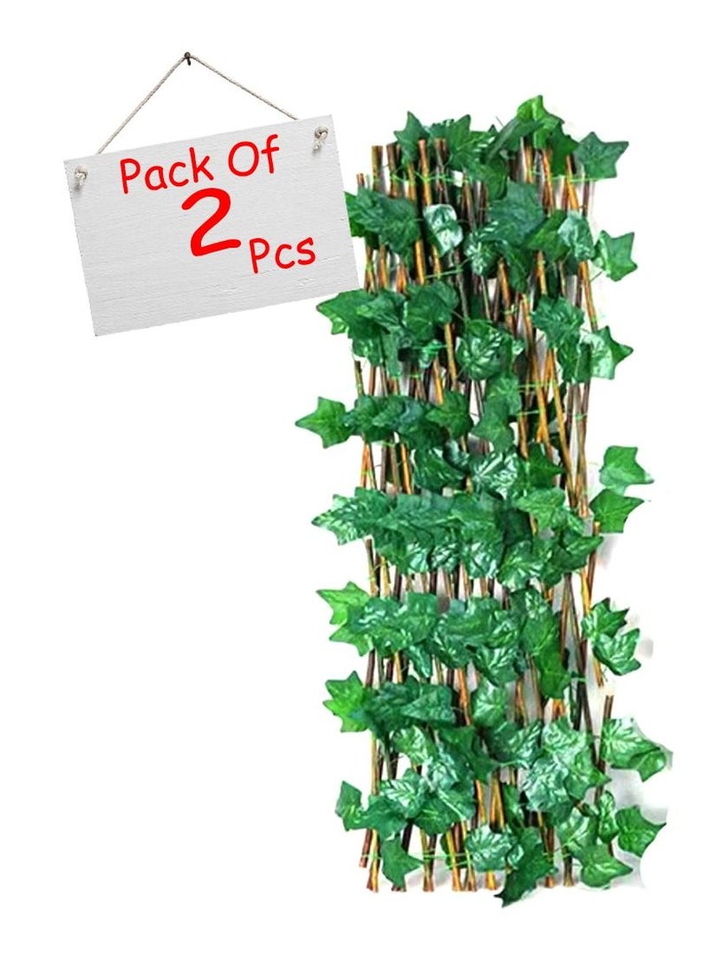 LINGWEI Wooden Expandable Wicker Garden Fence Trellis With Ivy Green Leafs Wicker For Garden Home Balcony Decoration (2 pcs) - Image 4