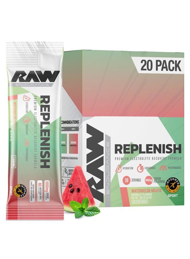 Raw Replenish Box, Premium Electrolytes Powder Recovery Formula, Watermelon Mojito (20 Sticks) - Flavored Electrolyte Drink Mix Supplement for Hydration, Replenishment, Endurance & Performance - Image 1