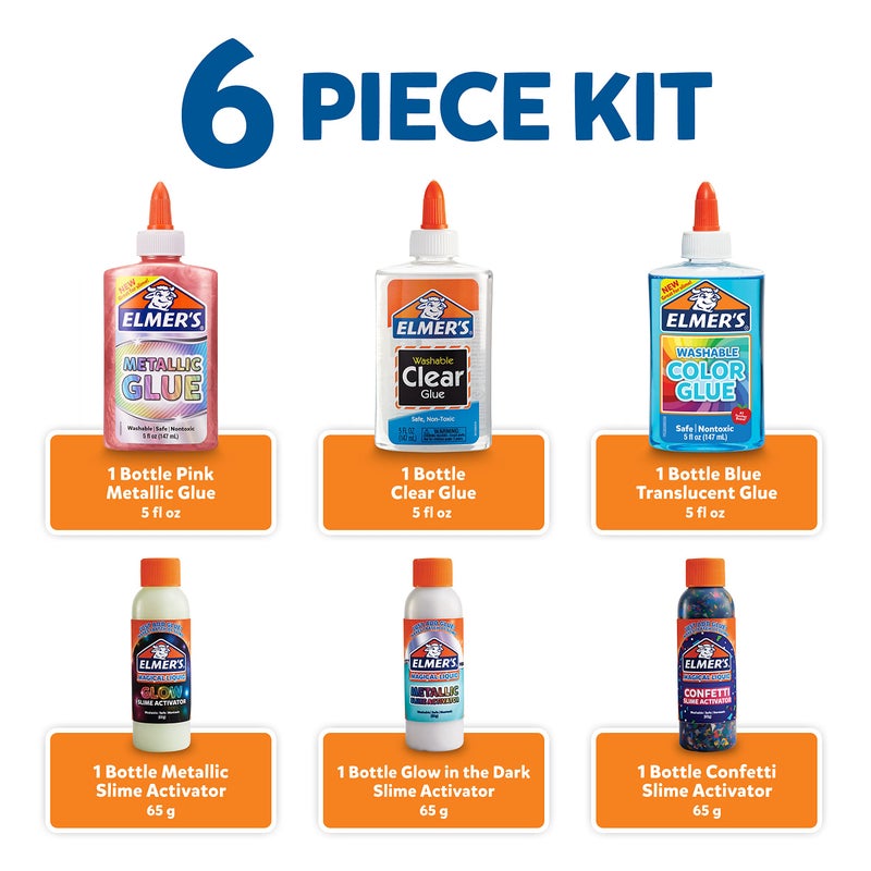 Elmer's Collection Slime Kit | Supplies Include Glow In The Dark Magical Liquid Slime Activator Metallic Magical Liquid Confetti Translucent Glue Metallic Glue Clear 6 Count - Image 3
