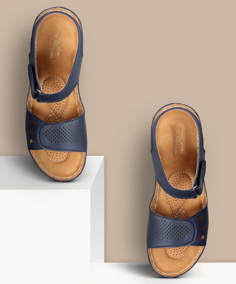 XE Looks Women's Navy Orthopedic Wedge Sandals | Adjustable Straps for Perfect Fit | Cushioned Footbed with Breathable Cut-Out Design | Durable Wedge Heel For Girls & Women - Image 2