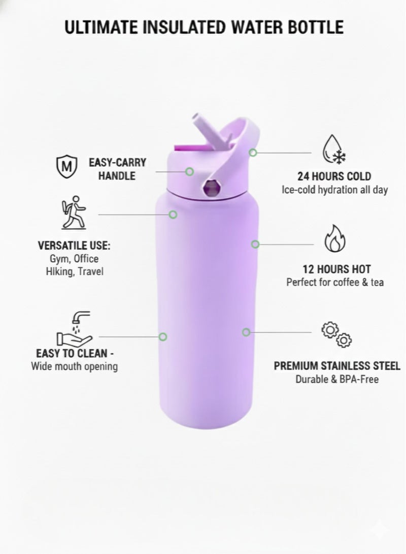 هامزون زجاجة مياه رياضية، زجاجة مياه حرارية معزولة من الفولاذ المقاوم للصدأ مع غطاء من القش، ترمس مزدوج الجدار مانع للتسرب للمشروبات الساخنة والباردة، فوهة واسعة، 500 مل، مثالية للصالة الرياضية والمكتب والمدرسة والتخييم بنفسجي - Image 2