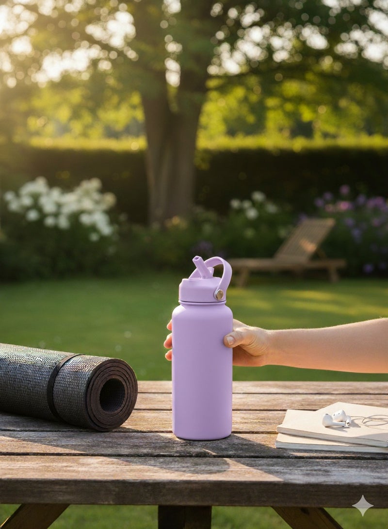 هامزون زجاجة مياه رياضية، زجاجة مياه حرارية معزولة من الفولاذ المقاوم للصدأ مع غطاء من القش، ترمس مزدوج الجدار مانع للتسرب للمشروبات الساخنة والباردة، فوهة واسعة، 500 مل، مثالية للصالة الرياضية والمكتب والمدرسة والتخييم بنفسجي - Image 3