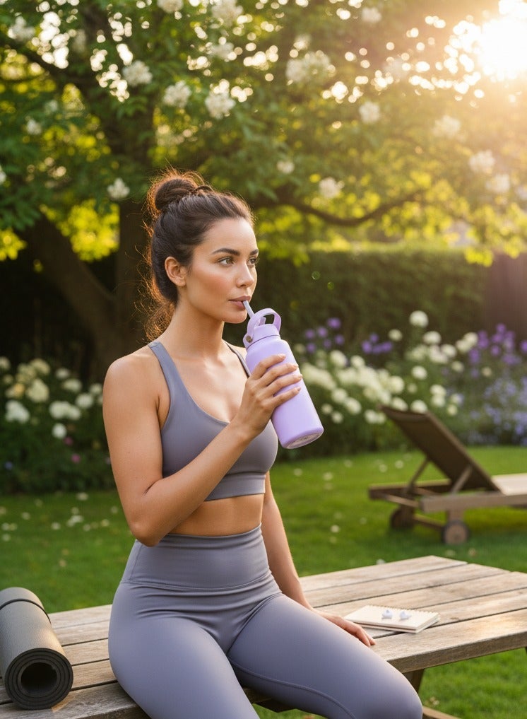 هامزون زجاجة مياه رياضية، زجاجة مياه حرارية معزولة من الفولاذ المقاوم للصدأ مع غطاء من القش، ترمس مزدوج الجدار مانع للتسرب للمشروبات الساخنة والباردة، فوهة واسعة، 500 مل، مثالية للصالة الرياضية والمكتب والمدرسة والتخييم بنفسجي - Image 4