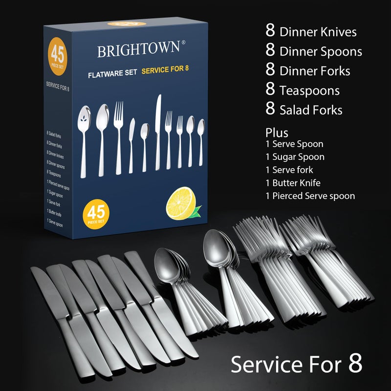 Brightown 45-Piece Flatware Sets, Silverware Set for 8, Durable Stainless Steel Tableware in Ergonomic Design Size and Weight, Kitchen Utensils Set with Steak Knives, Rust-proof, Dishwasher Safe - Image 2