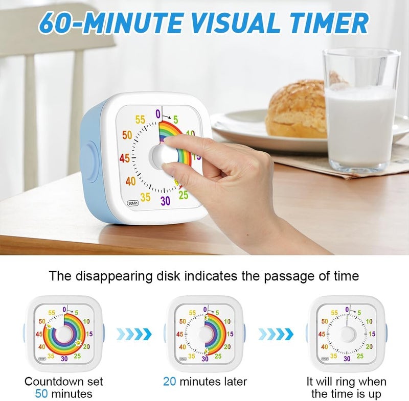 hotut 60 Minute Visual Timer for Kids, Kids Timer, Silent Countdown Timer with Rainbow Pattern, Pomodoro Timer, Non-Ticking, Ideal for Children & Adults - Image 4