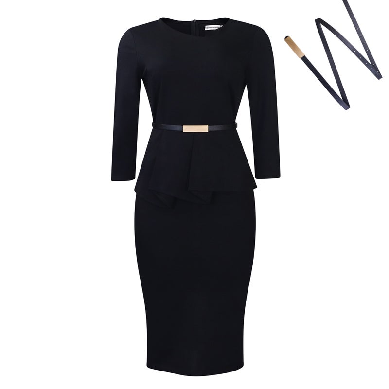 Generic D501 Elegant Solid Pencil Dress OL red belt - Image 2