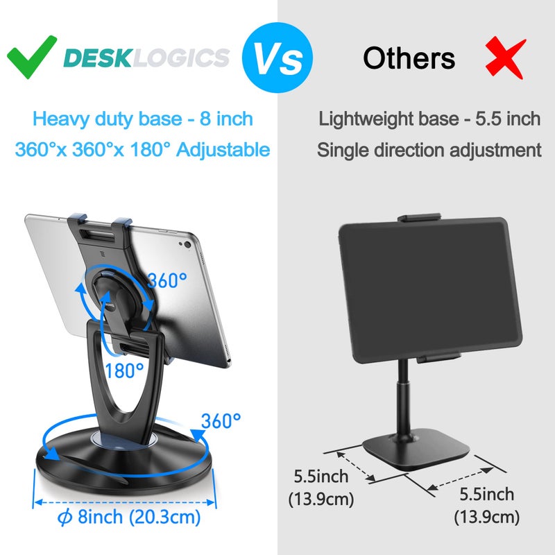 iPad Tablet Stand Holder for Desk - 6 inch to 13 inch - Stable, Adjustable - 360° Swivel Angle Pen Phone iPad Stand for Store, Retail Kiosk, Reception, Home Office, Gift Ideas - Black - Image 3