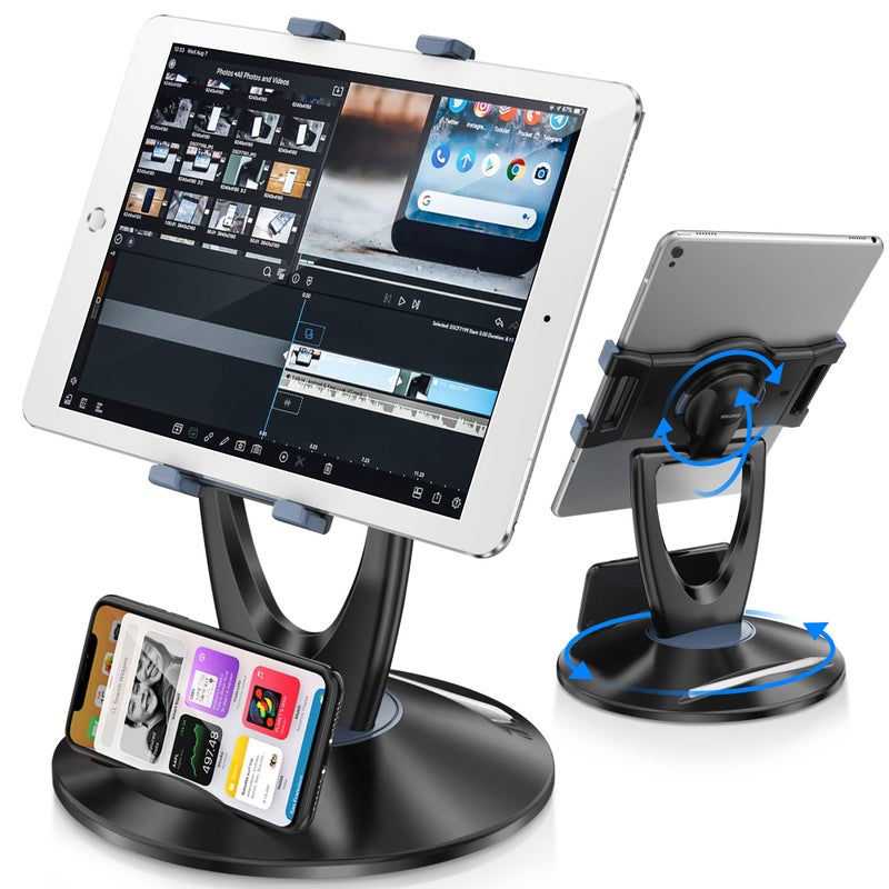 iPad Tablet Stand Holder for Desk - 6 inch to 13 inch - Stable, Adjustable - 360° Swivel Angle Pen Phone iPad Stand for Store, Retail Kiosk, Reception, Home Office, Gift Ideas - Black - Image 1