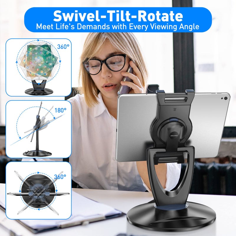 iPad Tablet Stand Holder for Desk - 6 inch to 13 inch - Stable, Adjustable - 360° Swivel Angle Pen Phone iPad Stand for Store, Retail Kiosk, Reception, Home Office, Gift Ideas - Black - Image 4