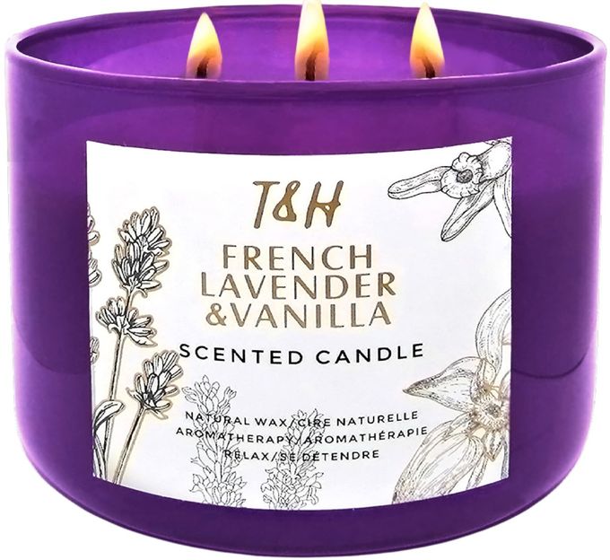 T H Lavender Vanilla Aromatherapy Candle 3 Wick | Scented Candles for Home | 15.8 oz Large Soy Candle | Relaxing Candles with Long Lasting Fragrance | Decorative Candle Gift for Women - Image 1