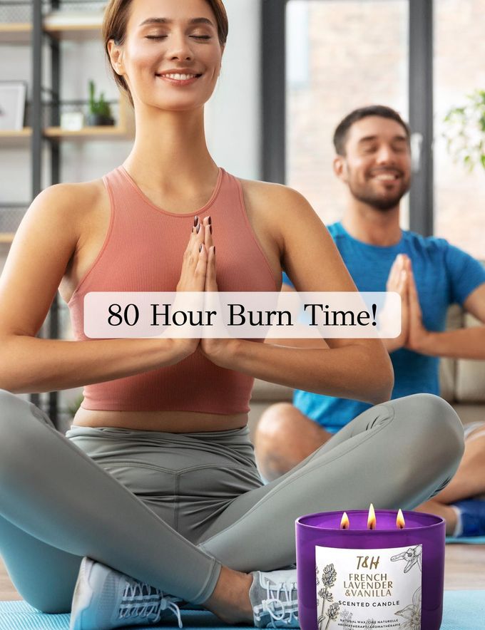 T H Lavender Vanilla Aromatherapy Candle 3 Wick | Scented Candles for Home | 15.8 oz Large Soy Candle | Relaxing Candles with Long Lasting Fragrance | Decorative Candle Gift for Women - Image 3
