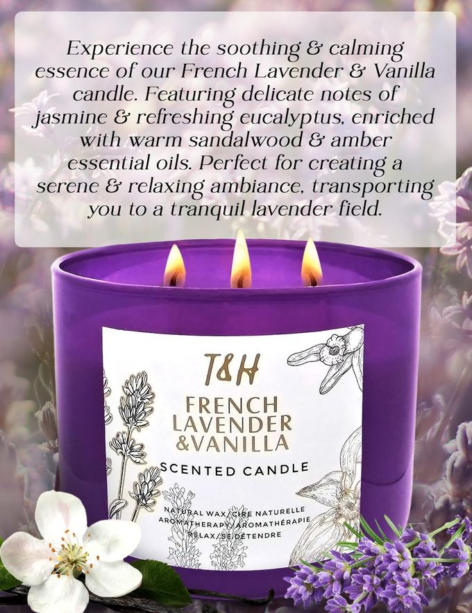 T H Lavender Vanilla Aromatherapy Candle 3 Wick | Scented Candles for Home | 15.8 oz Large Soy Candle | Relaxing Candles with Long Lasting Fragrance | Decorative Candle Gift for Women - Image 2