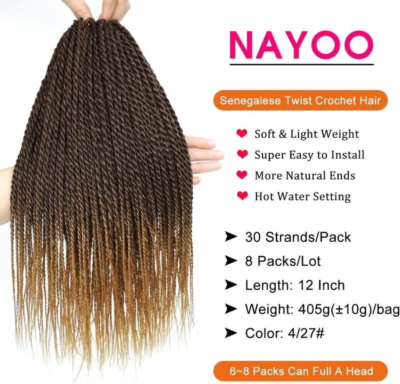 NAYOO Senegalese Twist Crochet Hair - 8 Packs 12 Inch Short Crochet Hair For Black Women, 30 Strands/Pack Small Twist Crochet Hair Hot Water Setting, Crochet Twist Braids Hair(12 Inch, 4/27) - Image 2