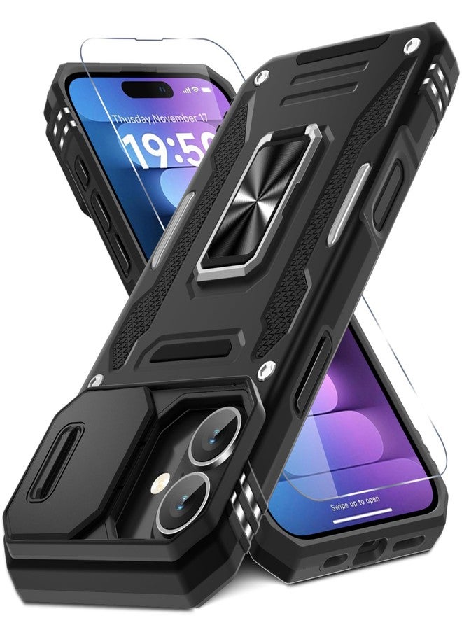 DEERLAMN Case for iPhone 16 Plus with Slide Camera Cover+Screen Protector (1 Pack), Rotated Ring Kickstand Military Grade Shockproof Protective Cover-Black - Image 1