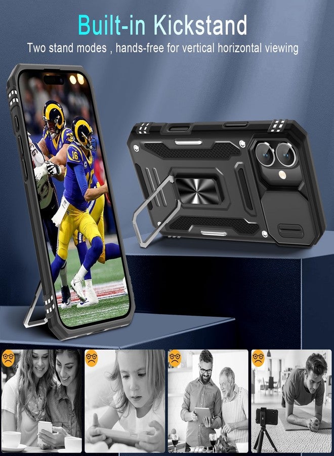 DEERLAMN Case for iPhone 16 Plus with Slide Camera Cover+Screen Protector (1 Pack), Rotated Ring Kickstand Military Grade Shockproof Protective Cover-Black - Image 4